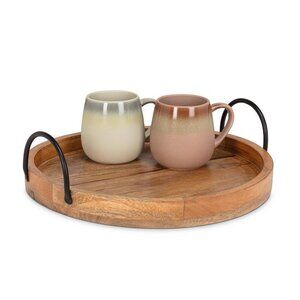 Abbott Collection - Round 14" Mango Wood Rustic Tray with Metal Handles